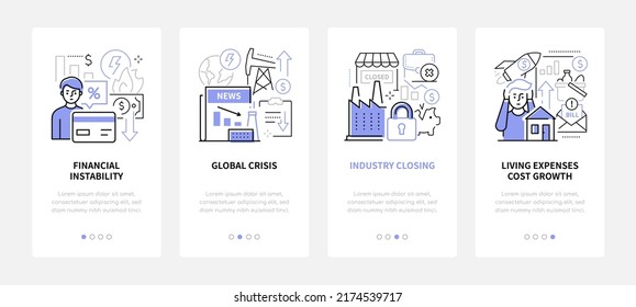 Global crisis and financial instability - line design style banners set with place for text. Illustration with industry closing, living expenses cost growth. Bankruptcy and stock market decline idea