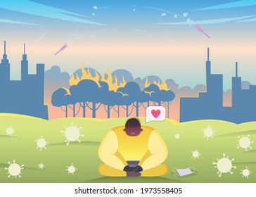 Global crisis and pandemic. Man looking at his smartphone. Flat design illustration