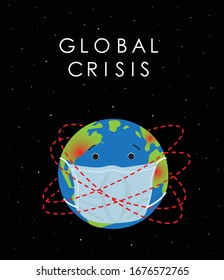Global crisis. Planet earth in medical mask. Stock vector illustration, isolated on black background. 