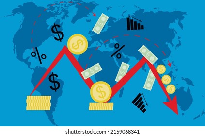 Global crisis and recession, concept decrease and downfall world business. Vector, illustration. world crisis, import substitution, pervasive inflation, unstable economy, ubiquitous problem