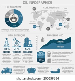 Global crude oil drilling and refining industrial process petroleum production distribution business infographic statistic presentation vector illustration