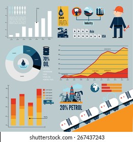 Global crude oil drilling and refining industrial process petroleum production distribution business infographic statistic presentation vector illustration