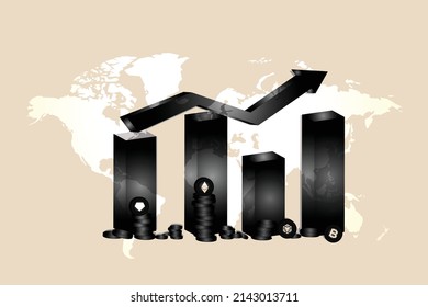 Global crypto currency market 3d graph with arrow on world map concept. showing Ethereum, eth, tether, usdt, binance coin, bnb, bitcoin, btc logo on graph with pile of coins.