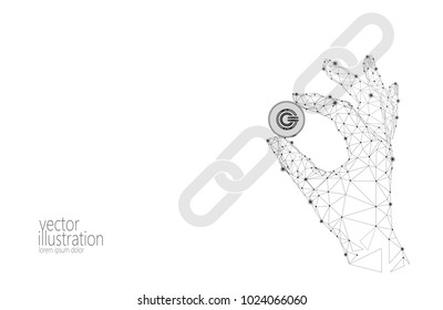 Global cryptocurrency GCC coin blockchain link low poly hand. Polygonal geometric 3d render point live digital electronic banking future innovation business technology vector illustration