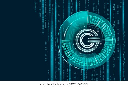 Global cryptocurrency GCC coin geometric glowing symbol. 3d render hud target display digital electronic banking future innovation business technology vector illustration