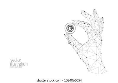 Global cryptocurrency GCC coin hold finger low poly hand. Polygonal geometric 3d render point live digital electronic banking future innovation business technology vector illustration