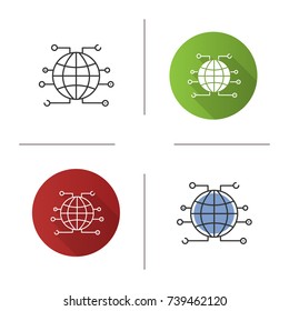 Global cryptocurrency icon. World wide web. Cryptocurrency. Globe. Flat design, linear and color styles. Isolated vector illustrations