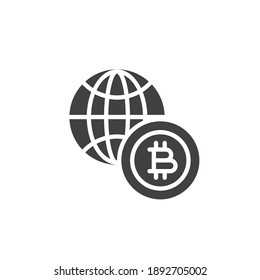Global cryptocurrency money vector icon. filled flat sign for mobile concept and web design. Bitcoin and globe glyph icon. Symbol, logo illustration. Vector graphics