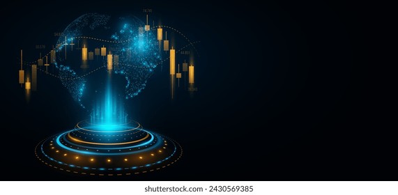 Global cryptocurrency stock market investment trading graph. Futuristic HUD circle with holographic earth globe. Business presentation. Vector illustration. EPS 10.