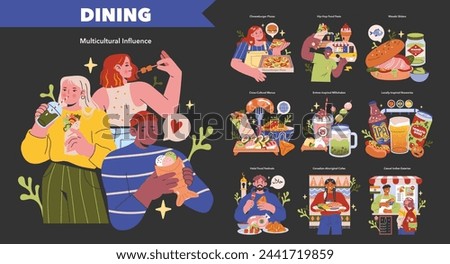 Global Cuisine Fusion Set. Joyful illustrations of multicultural dining trends, from cheeseburger pizzas to hip-hop inspired feasts and locally brewed delights. Celebrating culinary diversity.