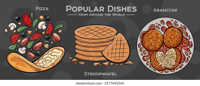 Global Culinary Collection: A hand-drawn set featuring iconic and beloved dishes from diverse cuisines around the world. Pizza, stroopwafel, aranccini.