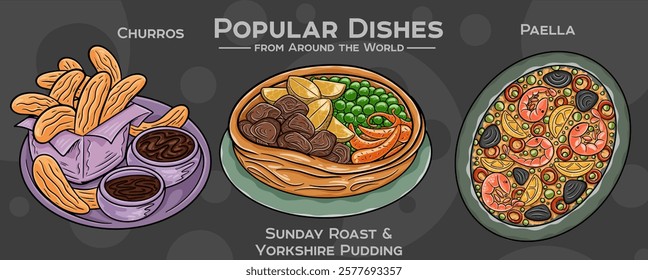 Global Culinary Collection: A hand-drawn set featuring iconic and beloved dishes from diverse cuisines around the world. Churros, sunday roast, paella.
