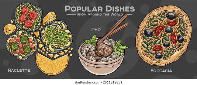 Global Culinary Collection: A hand-drawn set featuring iconic and beloved dishes from diverse cuisines around the world. Samosa, empanadas, vada pav.