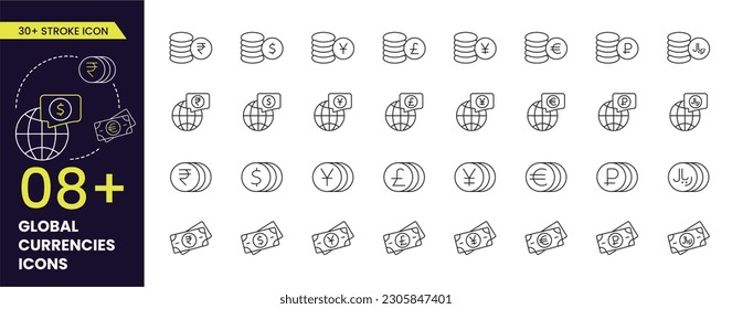 Global Currencies money symbol. Various currencies signs. Dollar, 
Euro, yuan, ruble, inr, saudi riyal, financial system concept. Line vector illustration editable stroke icons set. all currency icon