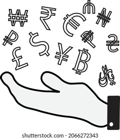 
Global Currency dropping in hand. Concept of forex trading and conversion 