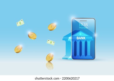 Global Currency Exchange. Bank 
 Building On Smartphone With Foreign Currency Exchange Service. Digital Finance And Banking Trading With Secure Innovation Technology.