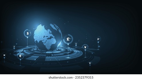 Global currency exchange concept. Global network connection.Money transfer. Foreign exchange, Payment mechanism, Global Currency. Vector Illustration.