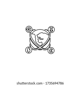 Global currency exchange icon. International money transfer sign. Worldwide financial transactions symbol. Global economy, international finance concept. Line icon design for perfect business concept.