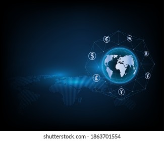 Global currency exchange network with abstract blue high speed technology illustration