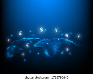 Global und Currency Exchange Network auf blauem Hintergrund EPS10 Vektorgrafik