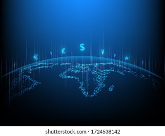 Global currency exchange network and technology Blue background