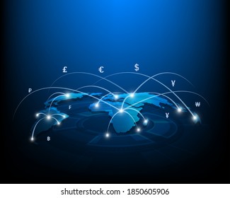 Global currency exchange network world map point and technology element concept
