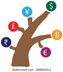 Sistema financiero de divisas globales con diferentes símbolos de monedas