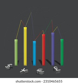 Global currency fluctuation concept; 3d graph and currency illustration.