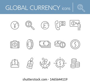 Global currency icon set. Dollar, cash, tax. Finances concept. Can be used for topics like converting money, trade, economy