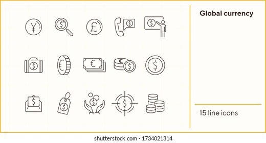 Juego de iconos de moneda global. Dólar, efectivo, impuestos. Concepto de finanzas. Se puede usar para temas como la conversión de dinero, comercio, economía