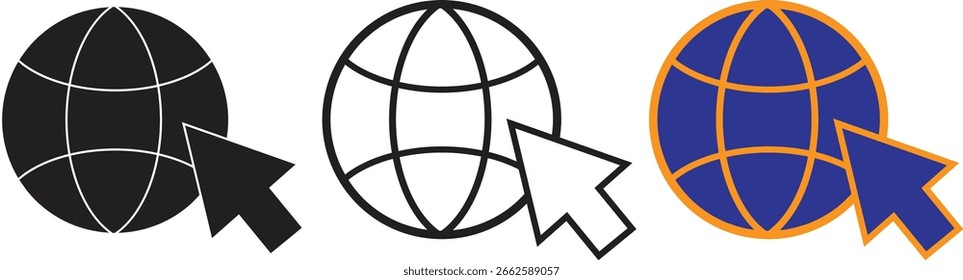 Global cursor icon representing world wide web or international browsing with transparent background