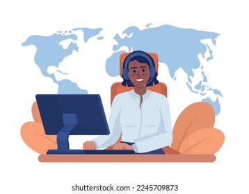 Global customer service 2D vector isolated illustration. Happy female consultant with headset flat character on cartoon background. Colorful editable scene for mobile, website, presentation