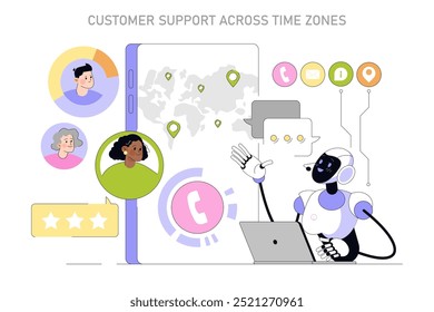 Global customer support concept. Diverse avatars linked to a robot providing assistance, symbolizing 24 7 service across different time zones. Vector illustration.