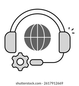 Global Customer Support. Headset with globe and gear symbolizing international tech support services