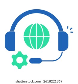 Global Customer Support. Headset with globe and gear symbolizing international tech support services