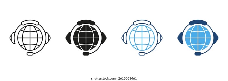 Global Customer Support Headset Icon Set. International Communication And Call Center Service Symbol Collection. Multilingual Assistance And Technical Help. Isolated Vector Illustration.