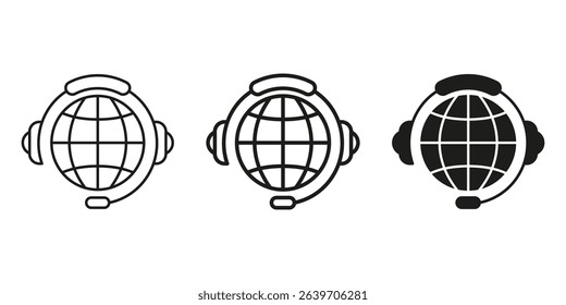 Global Customer Support Headset Icon Set. Worldwide Communication And Call Center Service Outline And Silhouette Symbol Collection. International Helpline Assistance. Isolated Vector Illustration.