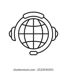 Global Customer Support Line Icon with Headset for International Service. Worldwide Help and Communication Outline Symbol. Editable Stroke. Isolated Vector Illustration.