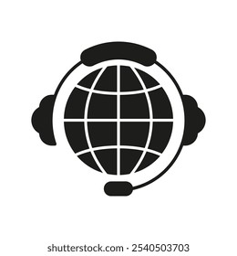 Global Customer Support Silhouette Icon with Headset for International Service. Worldwide Help and Communication Glyph Symbol. Isolated Vector Illustration.