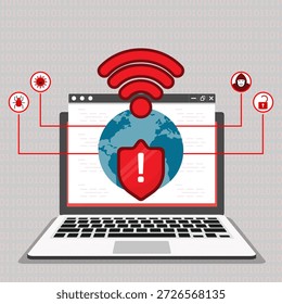 Concepto de alerta de ataque cibernético global. Pantalla del ordenador portátil con la advertencia roja del escudo y el fondo del código binario. Señal WiFi bajo amenaza de virus, bug, hacker y símbolos de candado desbloqueados.
