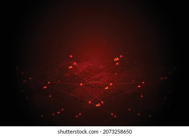 Ataque cibernético global.Comunicación de red de internet bajo ciberataque con fondo rojo oscuro e iconos, propagación mundial del virus en línea.Ilustración vectorial.