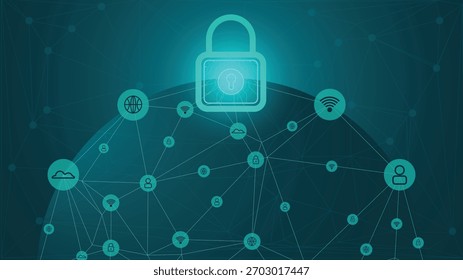Fundo de segurança cibernética global com um cadeado brilhante e nós de rede digital conectados. Ideal para temas de proteção de dados, privacidade on-line, comunicação segura e conceitos tecnológicos