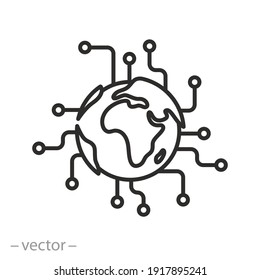 global cyber technology icon, circuit microchip concept for future world, processor tech with globe, digital network electronic, thin line web symbol - editable stroke vector illustration eps10