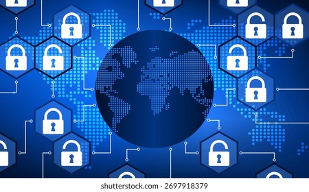 Um conceito global de segurança cibernética com cadeados e traços de circuitos