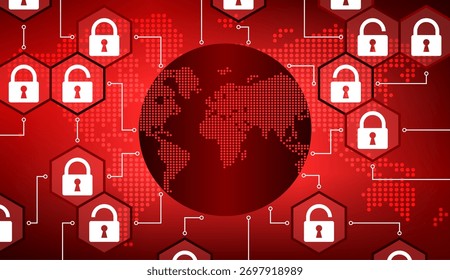 Um conceito global de segurança cibernética com cadeados e traços de circuitos