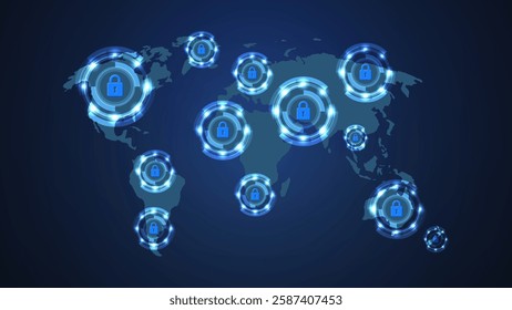 Global Cybersecurity Network: Futuristic Vector Map with Digital Locks and Padlock Icons. Vector.