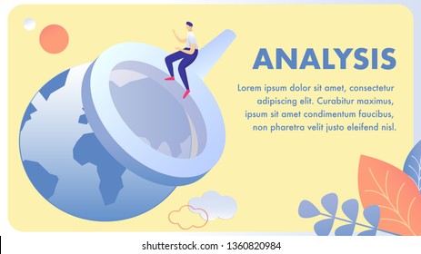 Global Data Analysis Flat Vector Banner Template. Guy doing Research Cartoon Character. Business Research, Corporate Planning. Market Examination. Sociology Illustration with Text Space