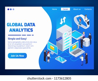 Global data analytics professionals home page glow isometric website design with cloud wireless access technologies vector illustration 