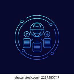 Global data exchange icon with documents, linear design