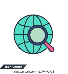 global data icon logo vector illustration. globe with magnifying glass symbol template for graphic and web design collection
